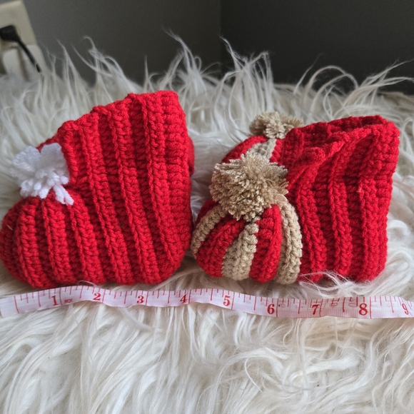 Cozy Red and Tan Handmade Knit Baby Booties - Picture 5 of 6